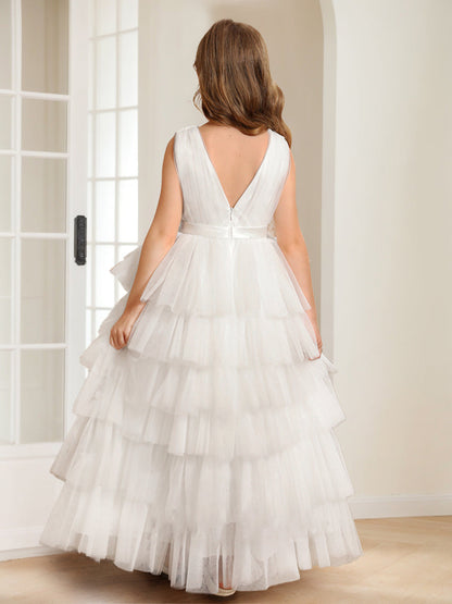 Robe de Demoiselled'Honneur Trapèze/Princesse en Tulle à Volants et Col en V, Longueur au Sol