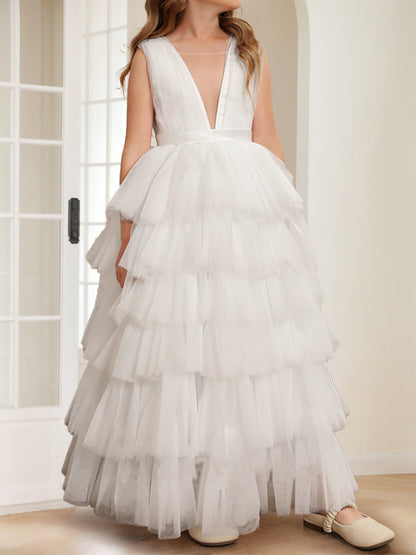Robe de Demoiselled'Honneur Trapèze/Princesse en Tulle à Volants et Col en V, Longueur au Sol
