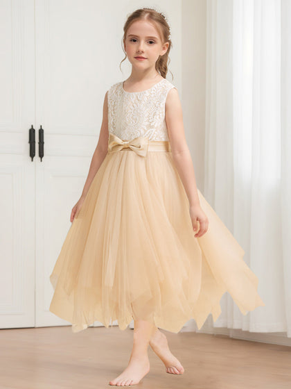 Robe de Demoiselled'Honneur Trapèze/Princesse, Longueur Thé, en Tulle et Dentelle avec Nœud