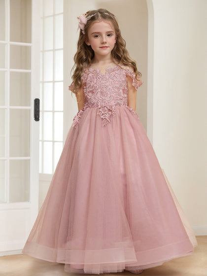 Robes de Demoiselled'Honneur en Tulle, Coupe A-Line/Princesse, Épaules Dénudées avec Appliques