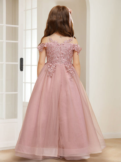 Robes de Demoiselled'Honneur en Tulle, Coupe A-Line/Princesse, Épaules Dénudées avec Appliques