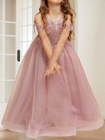 Robes de Demoiselled'Honneur en Tulle, Coupe A-Line/Princesse, Épaules Dénudées avec Appliques