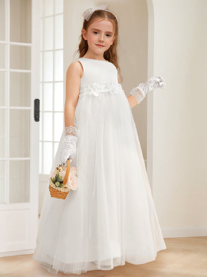 Robe de Demoiselled'Honneur en Satin et Tulle, Coupe Princesse, Décolleté en V avec Fleurs