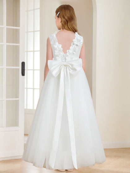 Robe de Demoiselled'Honneur en Satin et Tulle, Coupe Princesse, Décolleté en V avec Fleurs