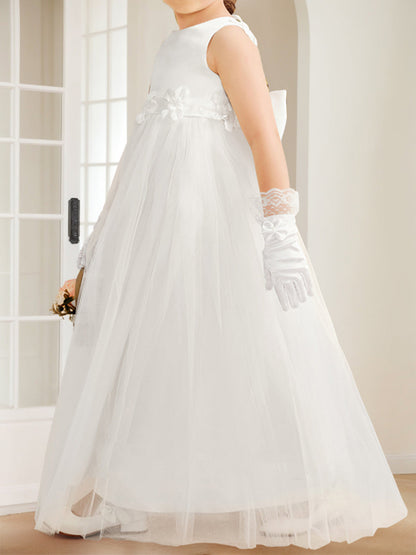 Robe de Demoiselled'Honneur en Satin et Tulle, Coupe Princesse, Décolleté en V avec Fleurs