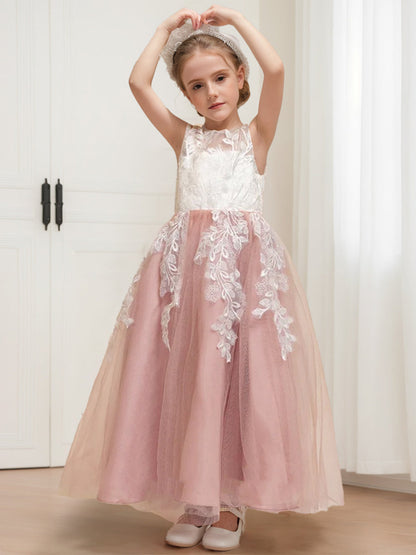 Robe de Demoiselled'Honneur Trapèze/Princesse en Tulle Sans Manches avec Décolleté Plongeant et Appliques