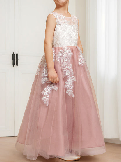 Robe de Demoiselled'Honneur Trapèze/Princesse en Tulle Sans Manches avec Décolleté Plongeant et Appliques