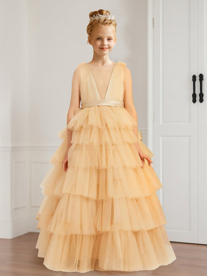 Robe de Demoiselled'Honneur Trapèze/Princesse à Col en V, Sans Manches, en Tulle et à Volants