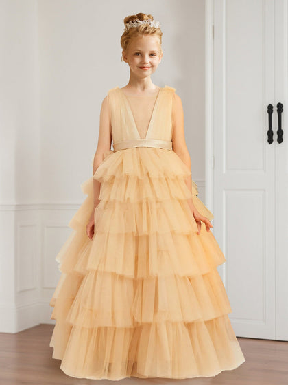 Robe de Demoiselled'Honneur Trapèze/Princesse à Col en V, Sans Manches, en Tulle et à Volants