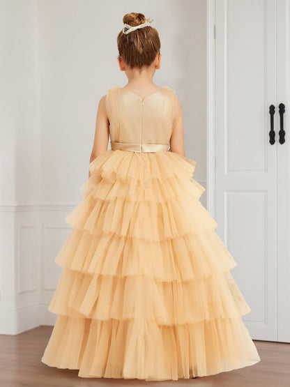 Robe de Demoiselled'Honneur Trapèze/Princesse à Col en V, Sans Manches, en Tulle et à Volants