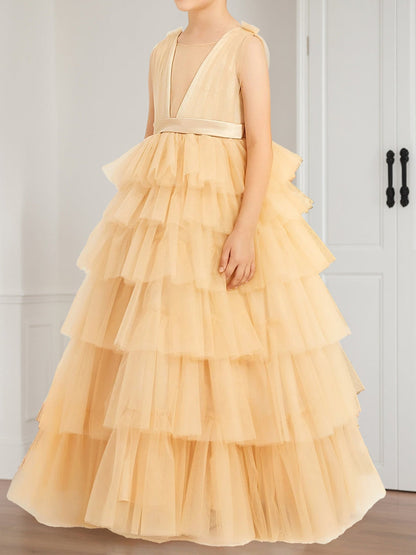 Robe de Demoiselled'Honneur Trapèze/Princesse à Col en V, Sans Manches, en Tulle et à Volants