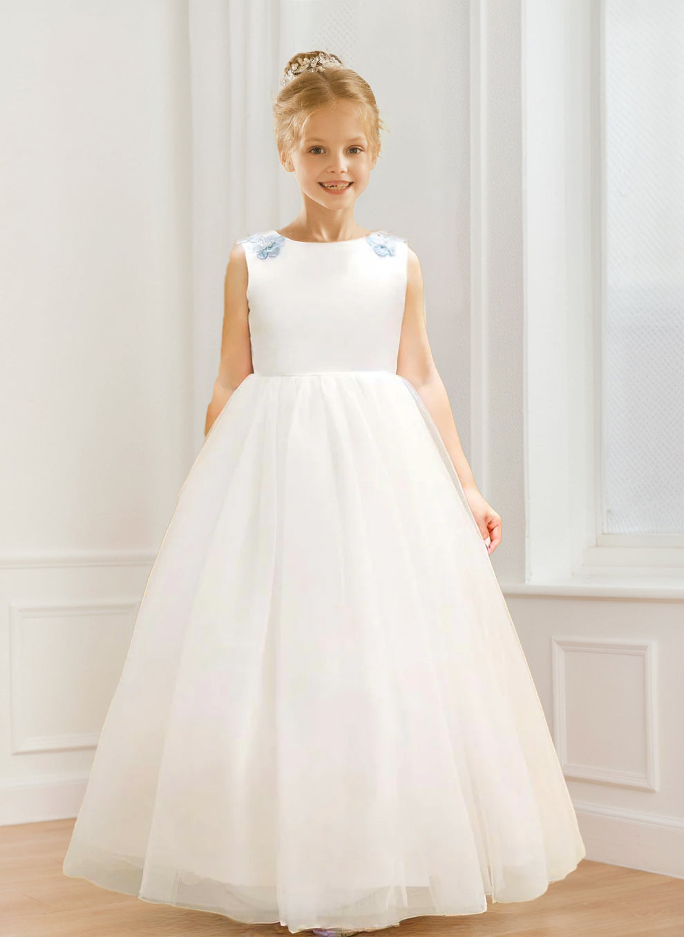 Robe de Demoiselled'Honneur Trapèze/Princesse en Tulle à Col Rond et Motif Floral 3D