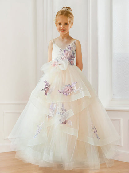Robe de Demoiselled'Honneur Trapèze/Princesse à Bretelles et Col en V en Tulle avec Broderie Florale