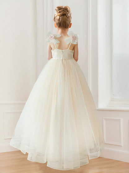 Robe de Demoiselled'Honneur Trapèze/Princesse à Bretelles et Col en V en Tulle avec Broderie Florale