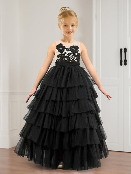 Robe de Demoiselled'Honneur Trapèze/Princesse en Tulle à Volants et Col Rond avec Appliques