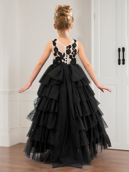 Robe de Demoiselled'Honneur Trapèze/Princesse en Tulle à Volants et Col Rond avec Appliques