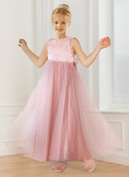 Robe de Demoiselled'Honneur Trapèze/Princesse en Tulle à Col Rond et Appliqués