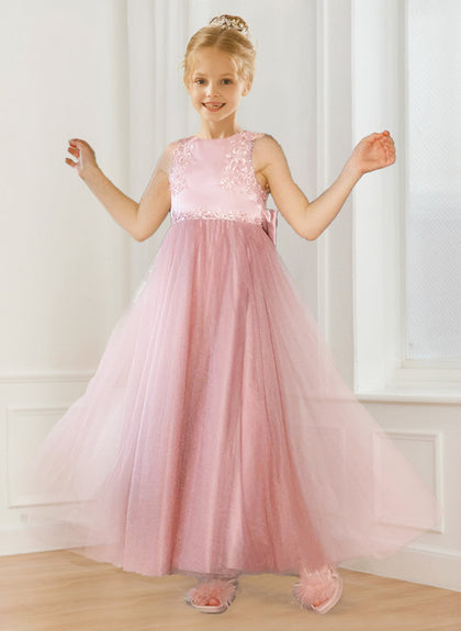 Robe de Demoiselled'Honneur Trapèze/Princesse en Tulle à Col Rond et Appliqués