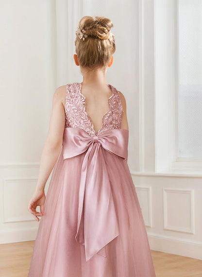 Robe de Demoiselled'Honneur Trapèze/Princesse en Tulle à Col Rond et Appliqués
