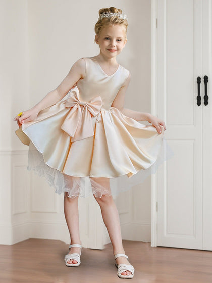 Robe de Demoiselled'Honneur Courte en Satin, Coupe Trapèze/Princesse, Col Rond avec Nœud