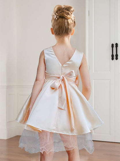 Robe de Demoiselled'Honneur Courte en Satin, Coupe Trapèze/Princesse, Col Rond avec Nœud