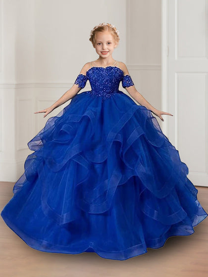 Robes de Demoiselled'Honneur Trapèze/Princesse à Bretelles, Manches Courtes, en Dentelle et à Volants