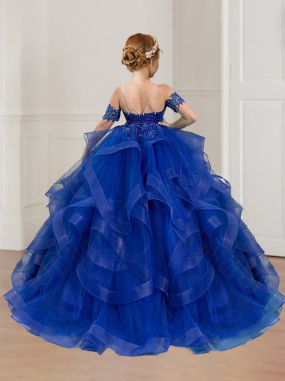 Robes de Demoiselled'Honneur Trapèze/Princesse à Bretelles, Manches Courtes, en Dentelle et à Volants