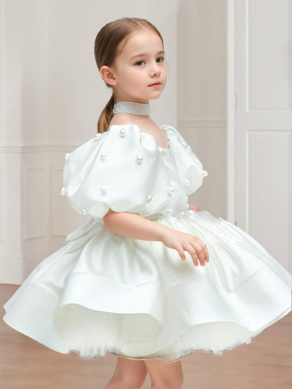 Robe de Demoiselled'Honneur Courte à Col Rond et Manches Bouffantes, Coupe Trapèze/Princesse avec Perles