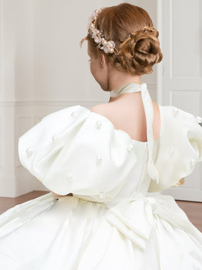 Robe de Demoiselled'Honneur Courte à Col Rond et Manches Bouffantes, Coupe Trapèze/Princesse avec Perles