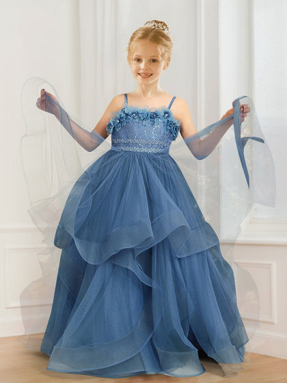 Robe de Demoiselled'Honneur Trapèze/Princesse à Bretelles Spaghetti et Volants en Dentelle avec Fleurs 3D