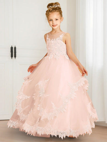 Robe de Demoiselled'Honneur Trapèze/Princesse à Encolure Dégagée et Volants en Tulle Appliqué