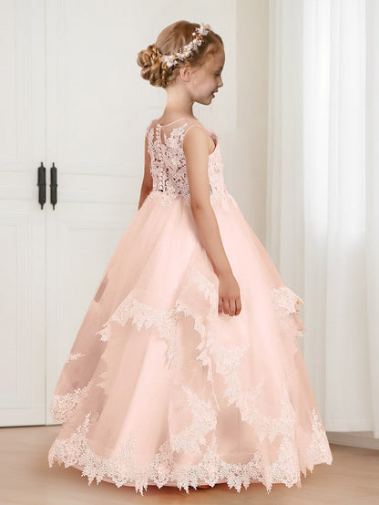 Robe de Demoiselled'Honneur Trapèze/Princesse à Encolure Dégagée et Volants en Tulle Appliqué