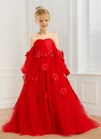 Robe de Demoiselled'Honneur en Tulle, Coupe Trapèze/Princesse, Col Rond, Manches Bouffantes avec Fleurs 3D