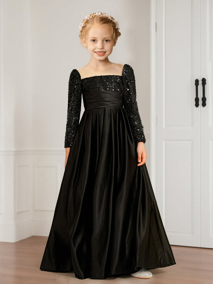 Robe de Demoiselled'Honneur à Paillettes, Coupe Trapèze/Princesse, Col Carré, Manches Longues