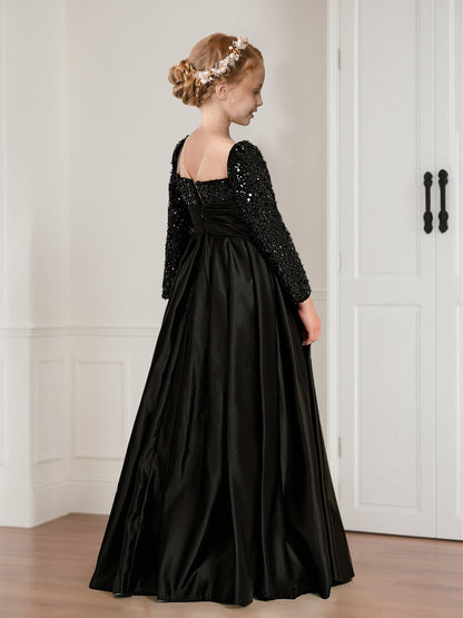 Robe de Demoiselled'Honneur à Paillettes, Coupe Trapèze/Princesse, Col Carré, Manches Longues