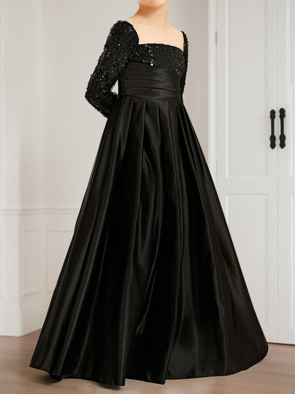 Robe de Demoiselled'Honneur à Paillettes, Coupe Trapèze/Princesse, Col Carré, Manches Longues