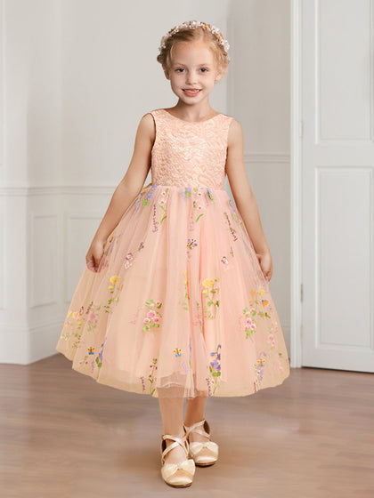 Robe de Demoiselled'Honneur Trapèze/Princesse en Tulle et Dentelle à Col Rond avec Broderie Florale