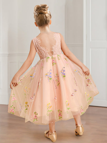 Robe de Demoiselled'Honneur Trapèze/Princesse en Tulle et Dentelle à Col Rond avec Broderie Florale