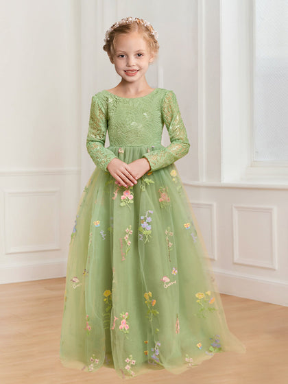 Robe de Demoiselled'Honneur Trapèze/Princesse à Col Rond et Manches Longues en Tulle avec Broderie Florale