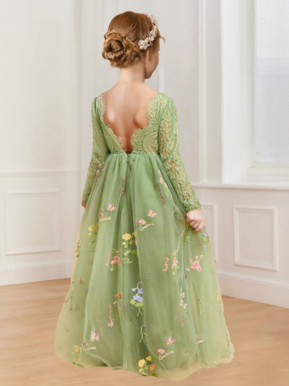Robe de Demoiselled'Honneur Trapèze/Princesse à Col Rond et Manches Longues en Tulle avec Broderie Florale