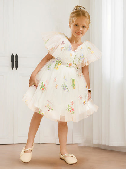 Robe de Demoiselled'Honneur Trapèze/Princesse à Col en V et Manches Flottantes en Tulle avec Broderie Florale