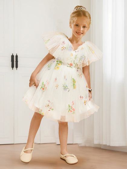 Robe de Demoiselled'Honneur Trapèze/Princesse à Col en V et Manches Flottantes en Tulle avec Broderie Florale