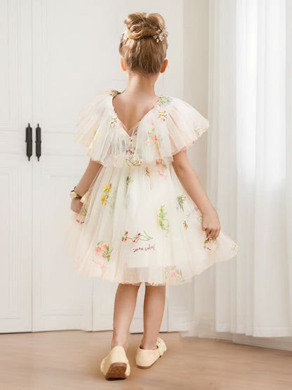 Robe de Demoiselled'Honneur Trapèze/Princesse à Col en V et Manches Flottantes en Tulle avec Broderie Florale