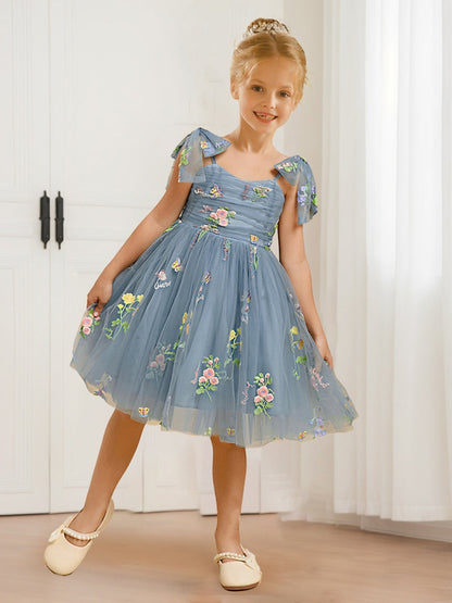 Robes de Fille d'Honneur en Tulle à Col en V et Épaules Nouées, Style A-Line/Princesse, avec Broderie Florale
