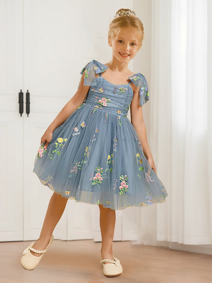 Robes de Fille d'Honneur en Tulle à Col en V et Épaules Nouées, Style A-Line/Princesse, avec Broderie Florale