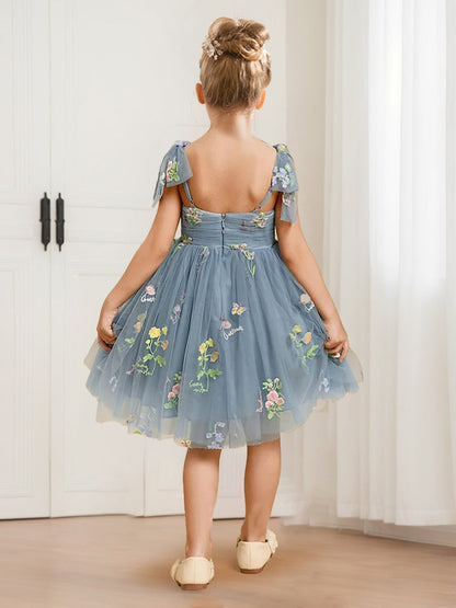 Robes de Fille d'Honneur en Tulle à Col en V et Épaules Nouées, Style A-Line/Princesse, avec Broderie Florale