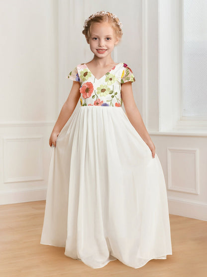 Robes de Fille d'Honneur A-Ligne/Princesse Col V Longueur Au Sol en Chiffon avec Appliques Florales
