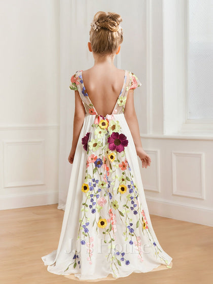 Robes de Fille d'Honneur A-Ligne/Princesse Col V Longueur Au Sol en Chiffon avec Appliques Florales