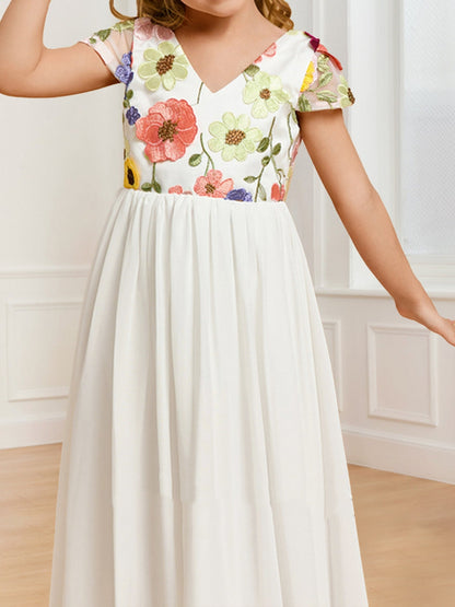 Robes de Fille d'Honneur A-Ligne/Princesse Col V Longueur Au Sol en Chiffon avec Appliques Florales