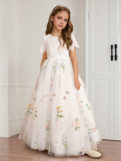 Robes de Fille d'Honneur en Ligne A/Princesse, Col en U, Longueur Au Sol, en Dentelle avec Broderie Florale